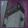 Animated sequence of a cartoon character with large white eyes and black hair, performing actions against a purple background with gray structures.