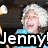 Pixelated image of a person with light-colored hair wearing a blue top, overlaid with large white text reading 'Jenny!' on a black background.