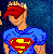 Pixelated character with red headband, blue shirt featuring Superman logo, and blonde hair against dark blue background with white text.