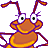 Pixelated insect-like creature with large white eyes, orange-brown body, and purple accents on limbs against gray background.