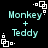Four identical pixelated icons display "Monkey + Teddy" text with white square-dot corner elements on a black background.