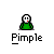 Pixelated character with green clothing and white face, displaying multiple expressions including neutral, smiling, and red marks on face, with text "Pimple" below.