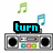 Pixelated icon shows four identical boombox images with changing text labels and floating musical notes.