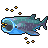 Pixel art of a large blue-green fish with open mouth and glowing eyes, surrounded by small orange-yellow bubbles on gray background.