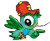Pixelated cartoon character with red hat, green body, blue chest patch, and large black-and-white eyes in two poses.