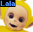 Pixelated yellow-haired character with large dark eyes and a wide smile, labeled 'Lala' in blue text on left side.