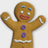 Pixelated gingerbread man with raised arms, blue eyes, red mouth, purple buttons, and white trim on a plain background.