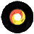 Static pixel art of a black vinyl record with concentric rings, featuring an orange and yellow inner ring on a gray background.