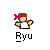 Pixelated character with brown hair, red bandana, white shirt, and black outline holding a small object against gray background.
