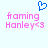 Blue pixelated heart symbol above pink pixelated text reading 'framing Hanley<3' on light blue background.