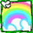 Pixelated rainbow arches over white clouds with a green border and partial grayscale icon in the top-left corner.