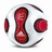 A spherical object with white and red sections, featuring a central hourglass shape with visible sand particles.