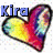Pixelated icon with blue text 'Kira' above a rainbow-colored heart shape on white background.
