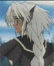 Anime character with white hair and pointed ears in dark clothing, shown from multiple angles against a blue sky background.