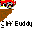 Animated contact sheet showing 17 sequential frames of a pixel-art character performing actions on a gray background with brown terrain elements, labeled "Cliff Buddy" in repeated text below each frame.