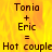 Yellow flame-patterned background with black text reading 'Tonia + Eric = Hot couple' repeated twice, partially obscured by a gray rectangle.
