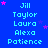 Blue background with cyan text listing names Jill Taylor Laura Alexa Patience, pink stars scattered throughout.