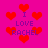 Pixelated pink background with red heart shapes and purple text reading "I LOVE RACHEL" in multiple positions.