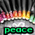 Pixelated icon with rainbow flames, heart symbols, and text overlays reading 'peace', 'lovee', and 'happiness' in green, purple, and red.
