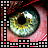 identical close-up eye images with greenish-yellow irises, black pupils, and pinkish-red sclerae, bordered by colored pixelated frames