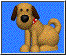 Animated cartoon dog with brown fur, dark brown ears, black nose, and red-and-white collar on blue background.
