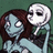 Pixelated image of two figures: a blue-skinned character with brown hair and a white mask-like figure against dark green background.