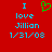 Red background with blue text reading "I love Jillian 1/31/08" and a green heart symbol above the word "love" in two side-by-side identical frames.