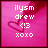 Pixelated pink square icon with white text reading 'ilysm drew <3 xoxo' and a red heart outline on a pink background.
