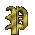 Golden stylized letter P with ornate flourishes on a gray background, displayed in multiple positions