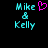 Pixelated cyan text 'Mike & Kelly' on black background with a pink heart symbol above the ampersand in one view.
