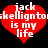 Red heart-shaped icon with white pixelated text reading "jack kellign to is my life" on black background.