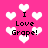 Pixelated pink background with white heart shapes and black text reading "I Love Grape!" in four repeated sections.