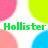 Pixelated icon with green text 'Hollister' centered on white background, surrounded by four colored quadrants: pink top-left, yellow top-right, red bottom-left, blue bottom-right.
