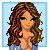 Pixelated cartoon woman with long brown curly hair, wearing a blue top and gray skirt, standing against light blue background.
