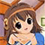 Pixelated cartoon-style character with brown hair, large black eyes, and a small smile, wearing a blue top against a blurred background.