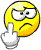 Yellow circular face with furrowed brows and downturned mouth, white hand pointing middle finger in front of it on gray background.