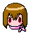 Pixel art contact sheet showing three animated frames of a chibi-style character with brown hair and pink scarf against gray background