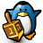 Blue penguin with white belly and yellow beak holds golden dreidel showing Hebrew letter shin, standing on white background.