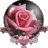 A pixelated pink rose with layered petals, dark green leaves, and a black top section against a light gray background.