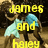 Yellow text reads 'james and hayley love is forever' over a pixelated image of two figures in blue clothing with brown hair, one figure's arm around the other.