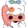A white cartoon animal with a green bow holds a pink telephone receiver, showing three distinct facial expressions