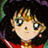 Pixelated anime-style character with large blue eyes, brown hair, and red clothing against a dark background.