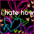 Pixelated animation with black background, colorful heart outlines in blue/purple/green, and scattered yellow/orange shapes. Text changes from "i hate how much i love" to "you boy".