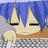 Pixelated anime-style character with blue hair and closed eyes, shown in four with changing text overlays
