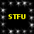 A 4-frame animated contact sheet showing a black background with yellow text "STFU" repeated four times, surrounded by white star-like sparkles that change position across frames.