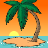 Pixelated tropical scene with a curved palm tree on sandy beach, yellow sun setting over blue water against orange sky.