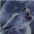 Pixelated static image of a stylized wolf-like creature with open mouth against dark blue background.