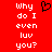Red background with white pixelated text reading "why do I even luv you?" on both sides and a black heart symbol in the center.