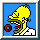 Pixelated cartoon character with yellow skin, green mustache, and white shirt against blue background; mouth opens to reveal red object in first