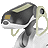 Pixelated abstract shape with dark gray body, light beige accents, and white trim against gray background.